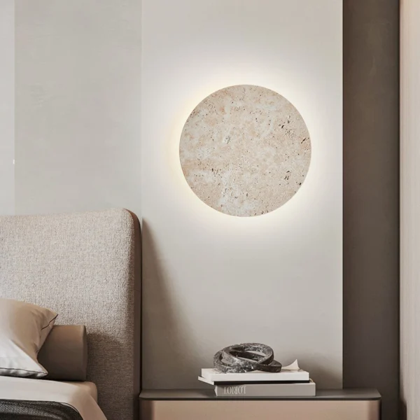 Japanese Minimalist Yellow Travertine Round Wall Lamp for Bedroom Bedside Guesthouse Corridor Entryway Retro Ambience Light
